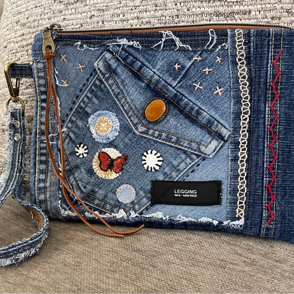 Bohemian Unique One-of-a-Kind Denim Patchwork Clutch with removable wrist handle - Picture 6 of 12
